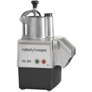 Robot Coupe CL50E continuous feed food prep machine, stainless steel head on black base with side outlet, front view