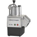 Robot Coupe CL50E continuous feed food prep machine, stainless steel head on black base with side outlet, front view