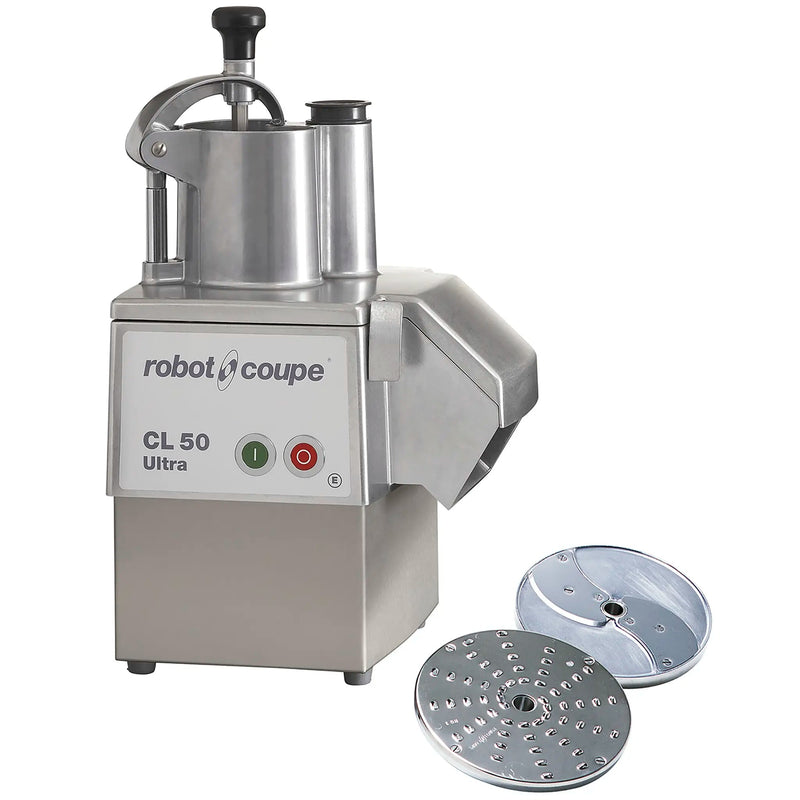 Robot Coupe CL50E ULTRA continuous feed food prep machine, all stainless steel body shown with two discs, angled view