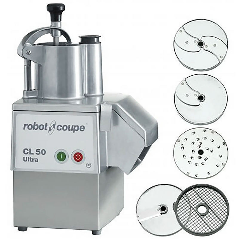 Robot Coupe CL50E ULTRA PIZZA continuous feed food prep machine, stainless steel, shown with five cutting discs