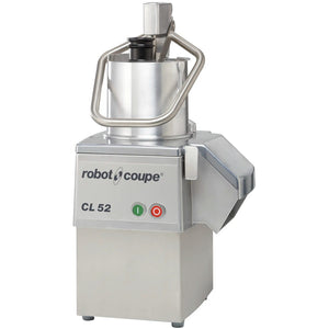 Robot Coupe CL52E continuous feed food prep machine, stainless steel with lever operated feed head, front view