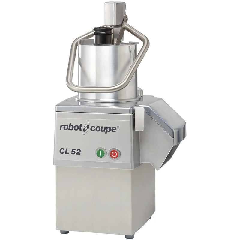 Robot Coupe CL52E continuous feed food prep machine, stainless steel with lever operated feed head, front view