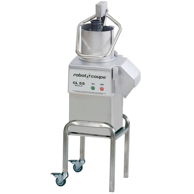 Robot Coupe CL55E continuous feed food prep machine on a stainless steel mobile stand with casters, angled view