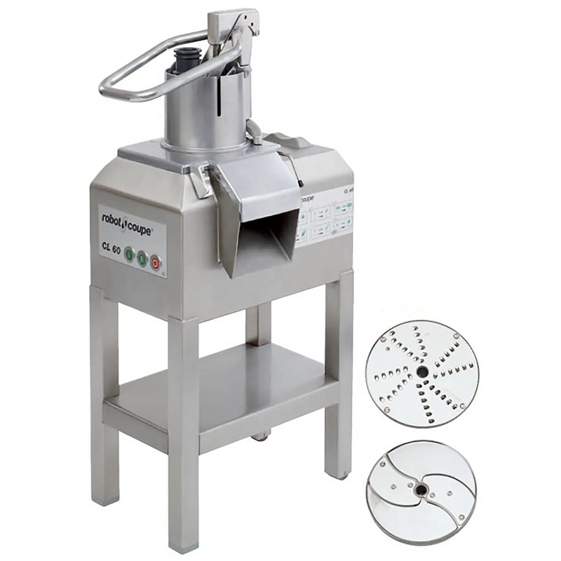 Robot Coupe CL60E continuous feed food prep machine with push feed head on stainless steel stand, discs shown