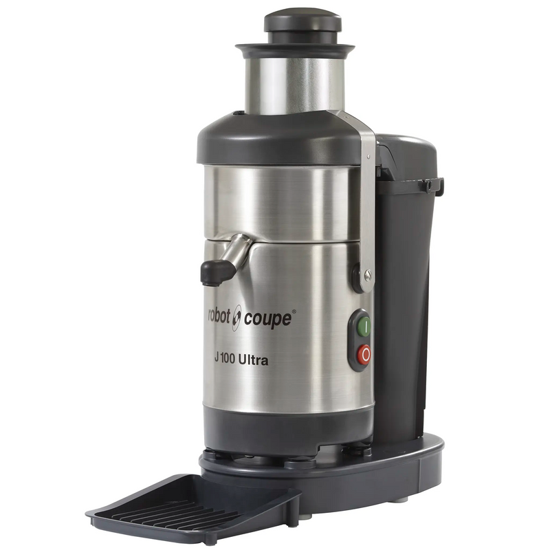 Robot Coupe J100 commercial electric juicer, stainless steel body with black pulp container and drip tray, angled