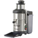 Robot Coupe J80 commercial electric juicer, stainless steel with black base, spout and drip tray, angled front view