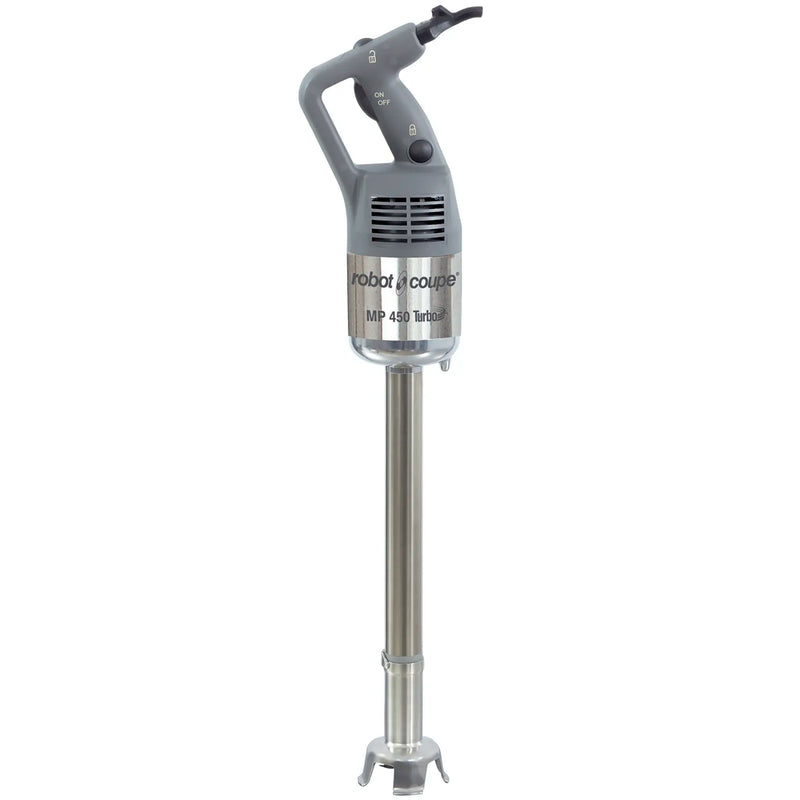 Robot Coupe MP450 commercial immersion blender with grey motor handle and 18 inch stainless steel arm, front view