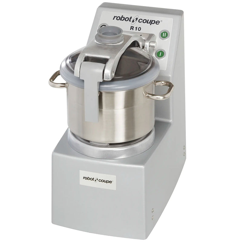 Robot Coupe R10 bowl cutter mixer food processor with 12.2 qt stainless steel bowl and clamp lid, angled front view