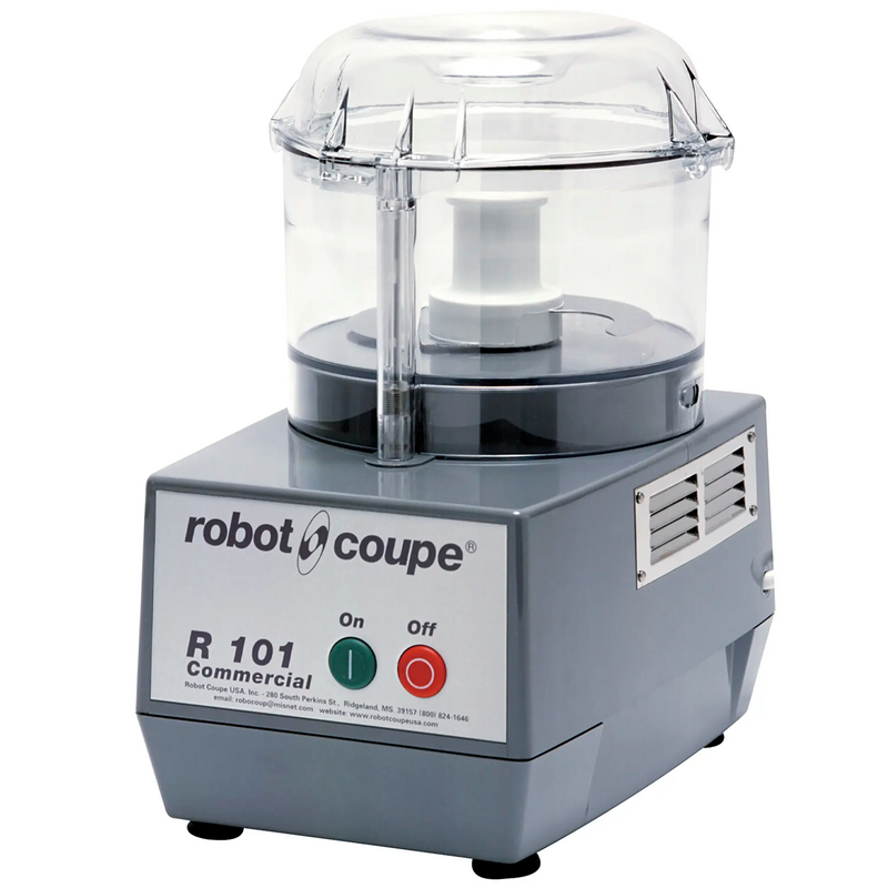 Robot Coupe R101B CLR bowl cutter food processor with grey base, clear 2.5 qt bowl and on/off buttons, front view
