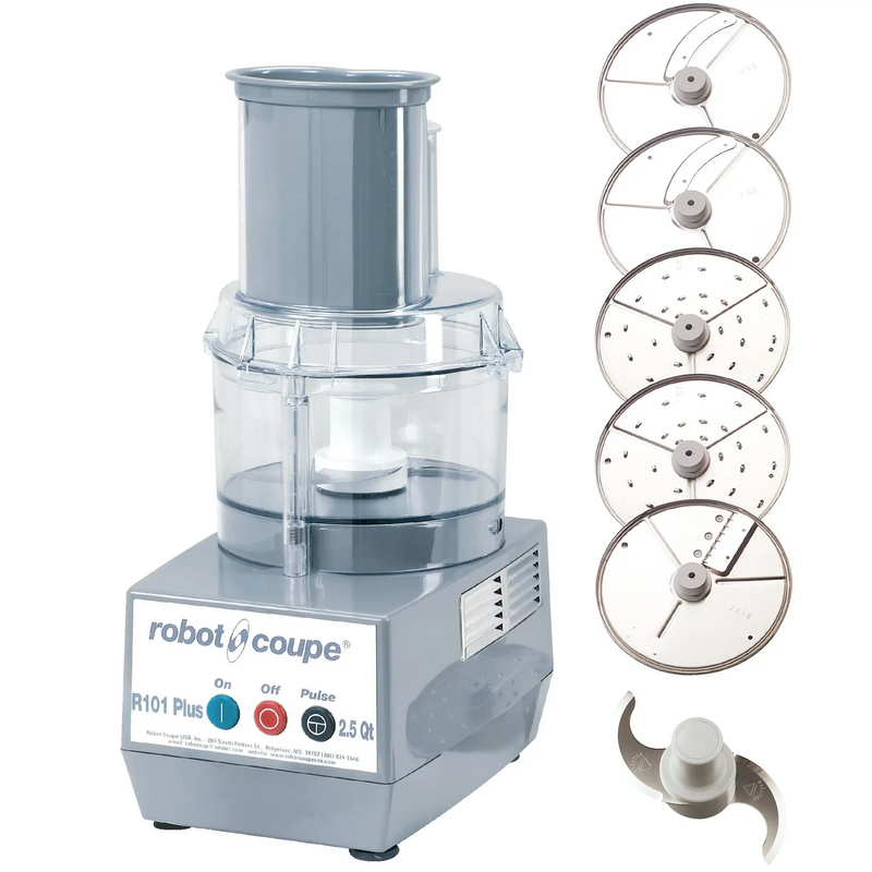 Robot Coupe R101P PLUS food prep and bowl cutter combo with clear 2 qt bowl, feed head and five slicing discs