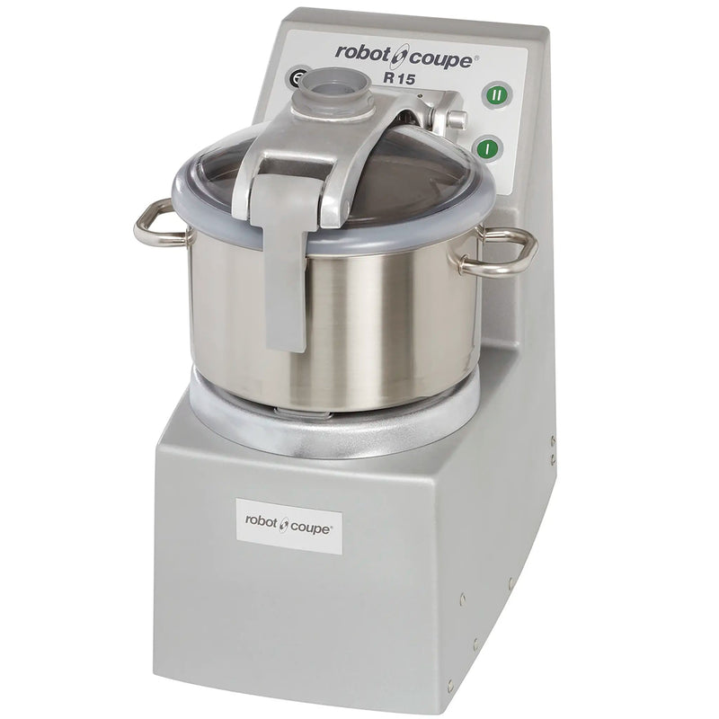 Robot Coupe R15 bowl cutter mixer food processor with 15.9 qt stainless steel bowl and locking lid, angled view