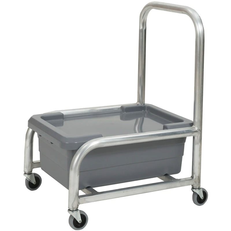 Robot Coupe R198 aluminum food tray cart with grey tub, clear lid, tall push handle and casters, angled view