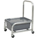 Robot Coupe R198 aluminum food tray cart with grey tub, clear lid, tall push handle and casters, angled view