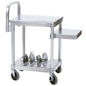 Robot Coupe R199 mobile prep station, stainless steel cart with side shelf and lower disc storage rack, angled view