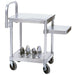 Robot Coupe R199 mobile prep station, stainless steel cart with side shelf and lower disc storage rack, angled view