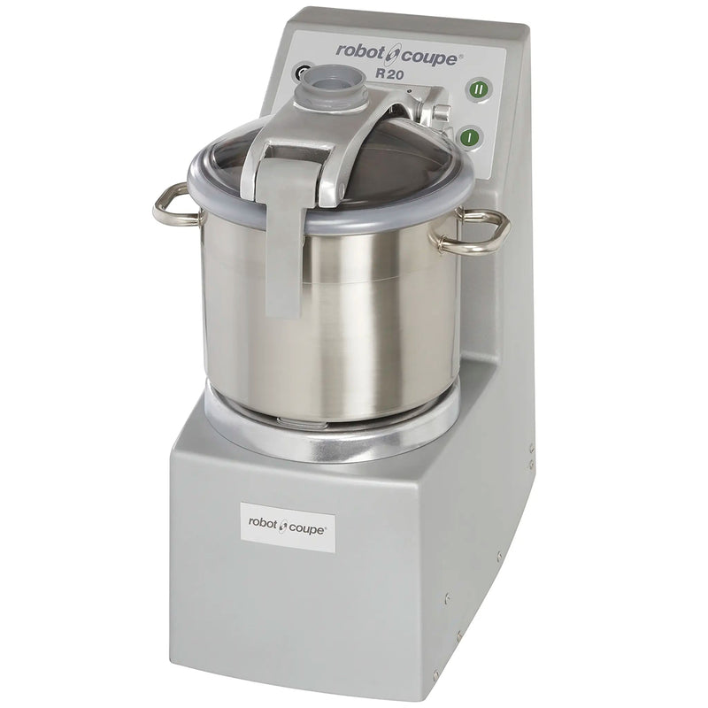Robot Coupe R20 bowl cutter mixer food processor with 21.1 qt stainless steel bowl and locking lid, angled view