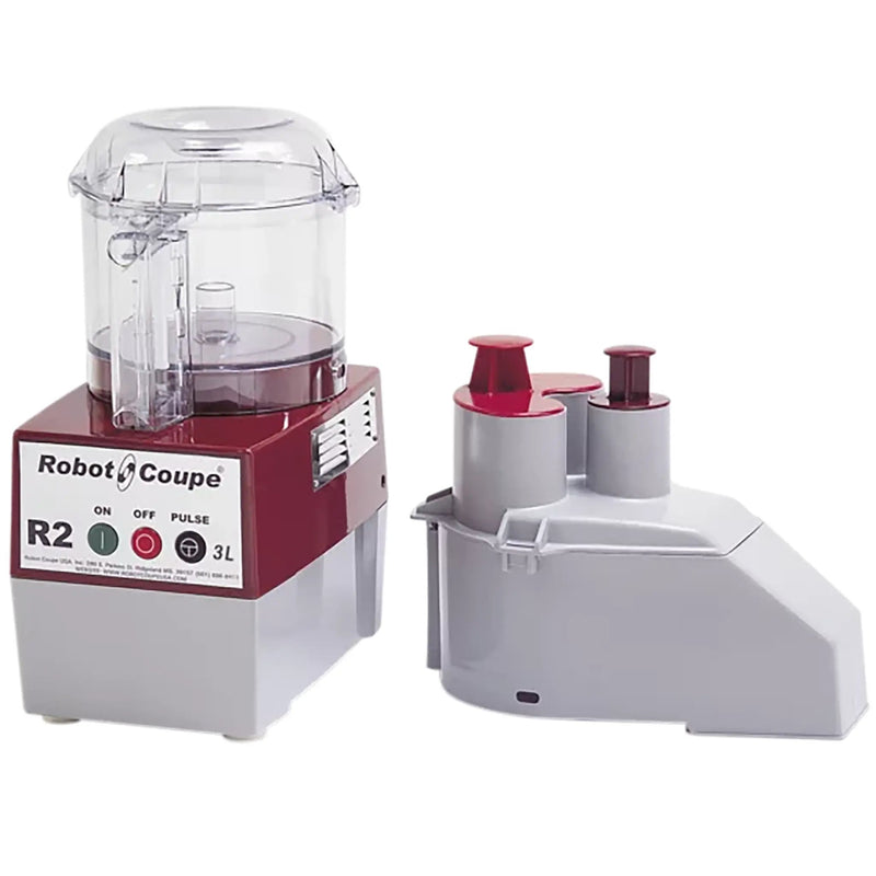 Robot Coupe R2N CLR food prep and bowl cutter combo with grey base, clear 3 qt bowl and veg prep attachment