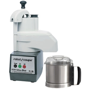 Robot Coupe R301 DICE ULTRA food processor and slicer combo, dark base with veg prep head and stainless steel bowl