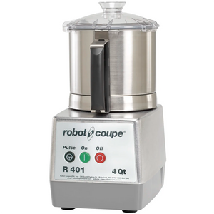 Robot Coupe R401B bowl cutter food processor with stainless steel 4.8 qt bowl and clear lid, grey base, front view
