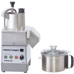 Robot Coupe R502VV food prep and bowl cutter combo with veg prep head on base and 6.2 qt stainless steel bowl beside