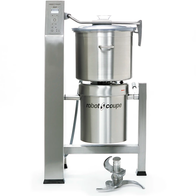 Robot Coupe R60T floor model bowl cutter mixer with 63.4 qt stainless steel bowl on column stand, blade shown below