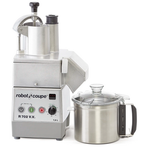 Robot Coupe R702VV food prep and bowl cutter combo, stainless steel base with veg prep head and 7.9 qt bowl beside it
