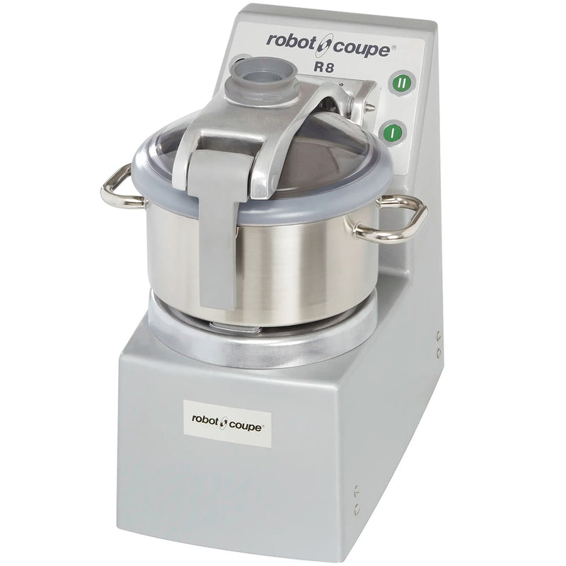 Robot Coupe R8 bowl cutter mixer food processor with 8.5 qt stainless steel bowl, clamp lid and grey base, angled
