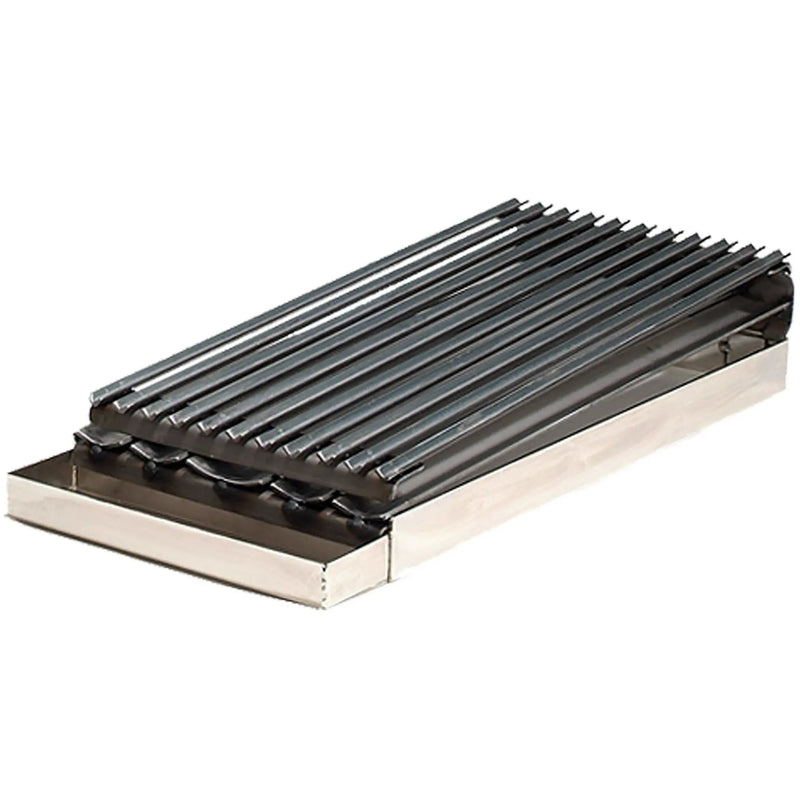 Rocky Mountain MB12-8 universal 12-inch add on charbroiler with cast iron grates over a stainless steel drip tray