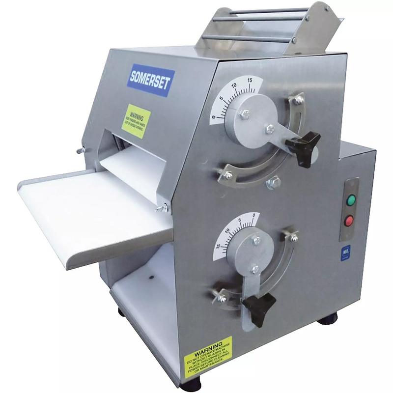 Somerset CDR-1100 compact double pass dough sheeter with 11-inch rollers, stainless body and thickness dials, angled view