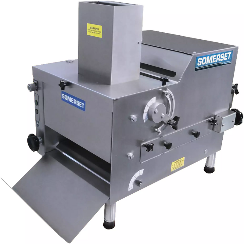 Somerset CDR-170 compact dough moulder in stainless steel with top feed chute and fold-down front tray