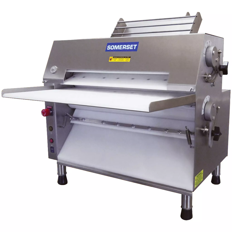 Somerset CDR-2500 double pass dough sheeter with 25-inch rollers, stainless steel body and wide dough trays, angled view