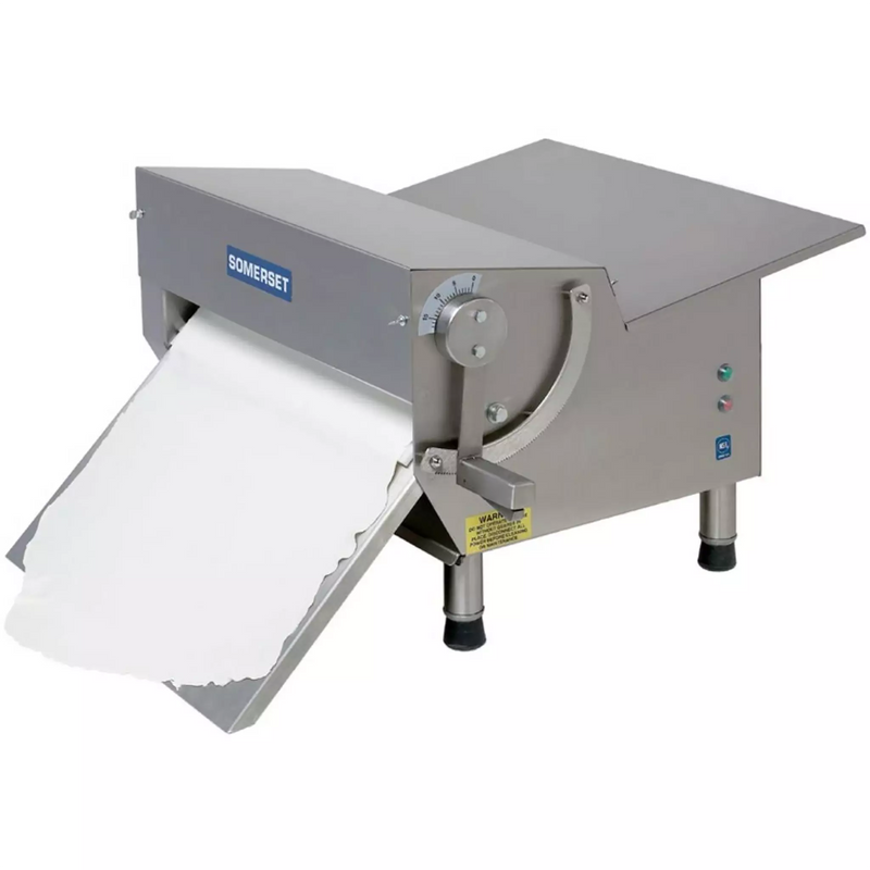 Somerset CDR-500 20-inch single pass dough and fondant sheeter in stainless steel with white conveyor, angled view