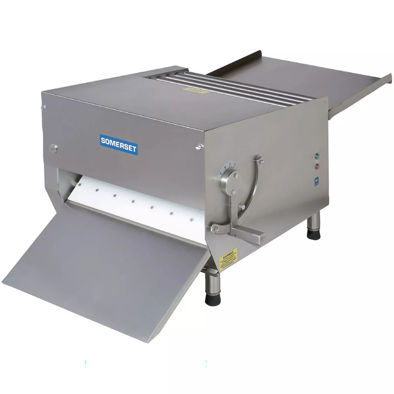 Somerset CDR-700 heavy duty 20-inch single pass dough sheeter in stainless steel with fold-down front tray