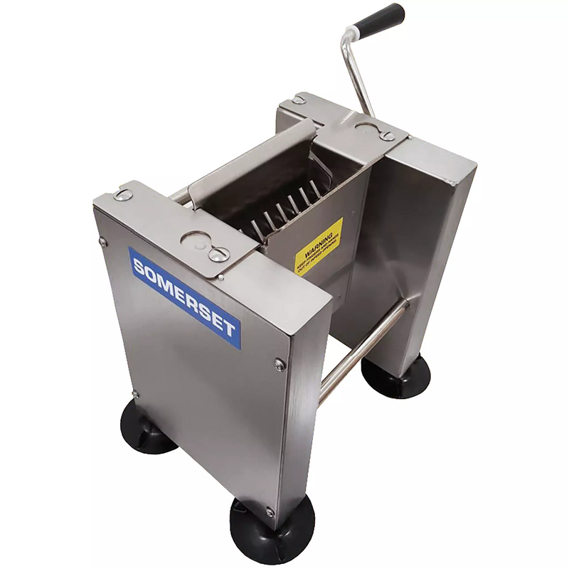 Somerset SMS-60 meat shredder with stainless steel body, hand crank, and wheeled base for moving, angled view
