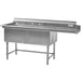 Thorinox double basin dish washing sink in stainless steel with drainboards, backsplash and leg frame, angled from left