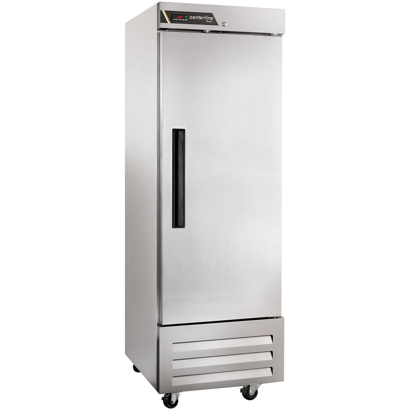 Traulsen Centerline CLBM-23F-FS-R 27-inch single solid door stainless steel reach-in freezer on casters, angled view