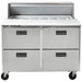 Traulsen Centerline CLPT-4812 48-inch sandwich prep table, four drawer configuration with lid open showing pan rail
