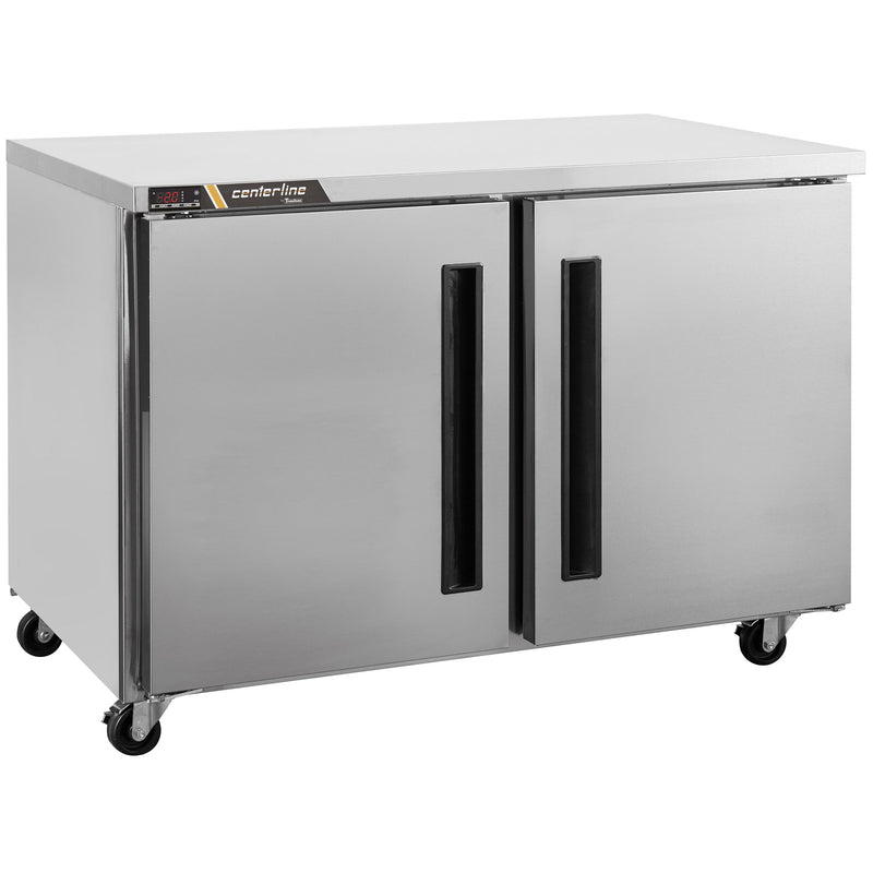 Traulsen Centerline CLUC-48R 48-inch refrigerated work table with two stainless steel solid doors, angled front view