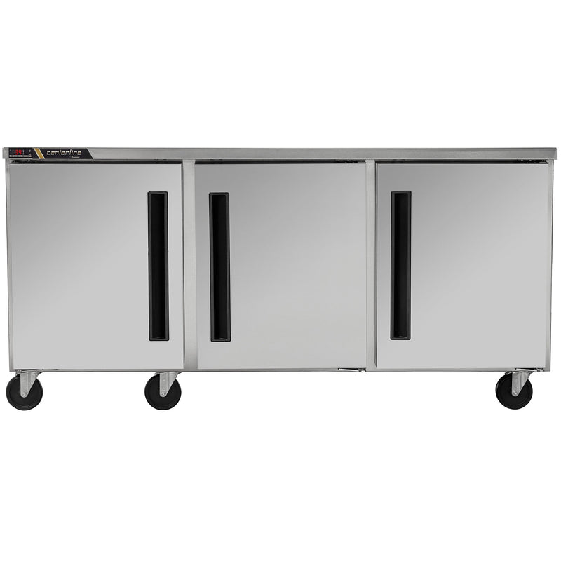 Traulsen Centerline CLUC-72F 72-inch three door stainless steel freezer work table on casters, front view