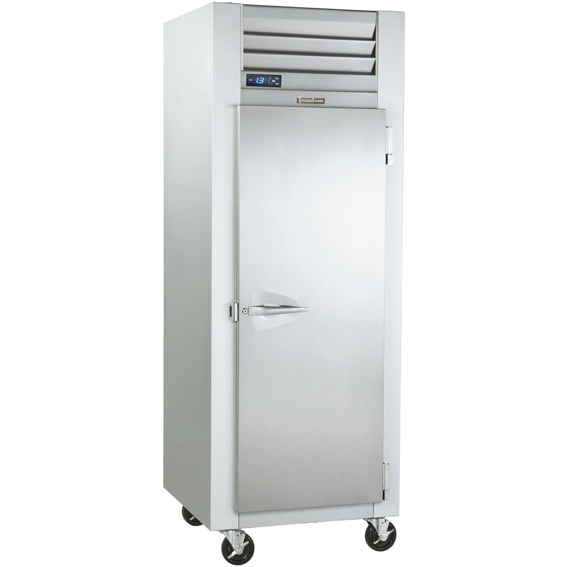 Traulsen G-Series G10010 30-inch single solid door stainless steel reach-in refrigerator on casters, angled view