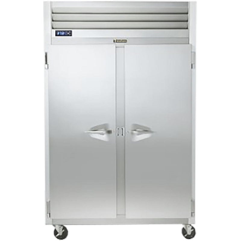 Traulsen G-Series G20010 52-inch two solid door stainless steel reach-in refrigerator on casters, front view