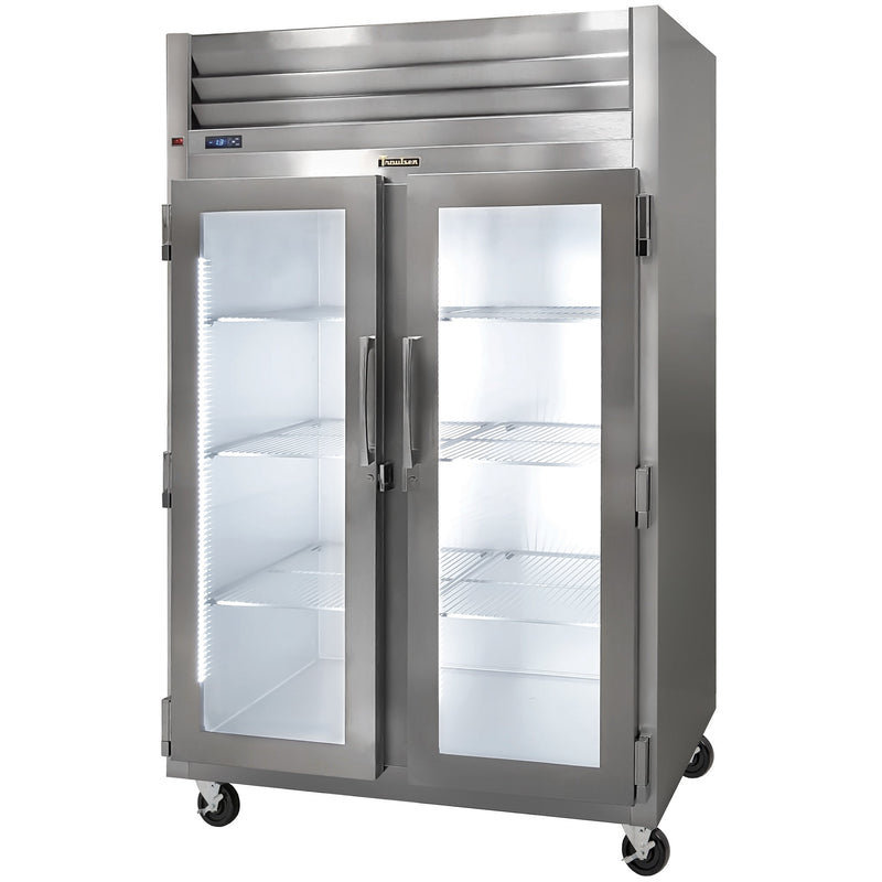 Traulsen G-Series G23010-053 52-inch two glass door stainless steel reach-in freezer on casters, angled view