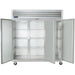 Traulsen G-Series G31010 76-inch three door reach-in freezer with doors open showing wire shelves inside