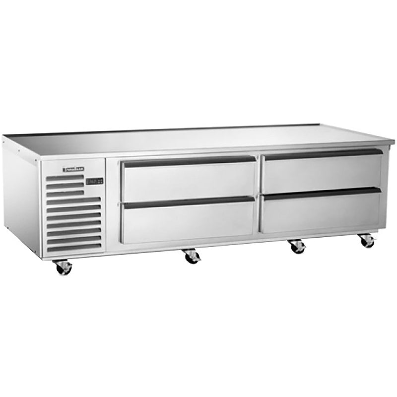 Traulsen TE084HT 84-inch stainless steel refrigerated chef base with four drawers on casters, angled front view