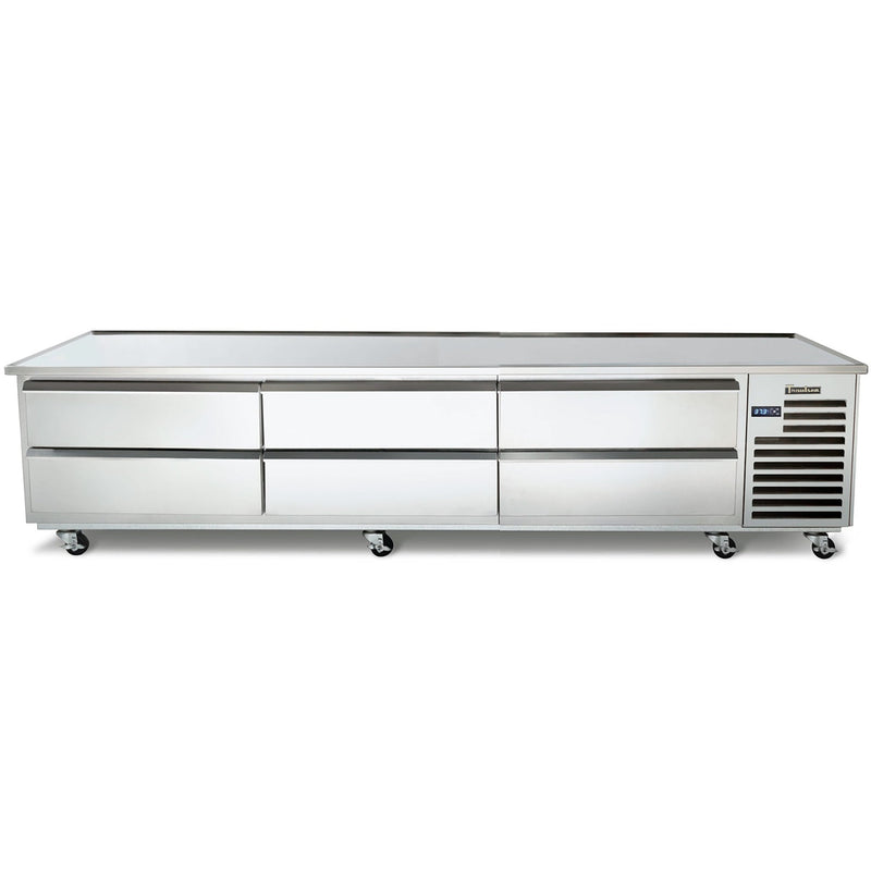 Traulsen TE096HT 96-inch stainless steel refrigerated chef base with six drawers, low-profile front view