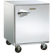 Traulsen UHT27-R 27-inch single door stainless steel undercounter refrigerator, angled view showing side and casters