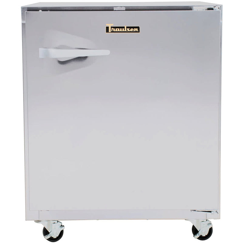 Traulsen UHT27-R 27-inch single door stainless steel undercounter refrigerator on casters, front view
