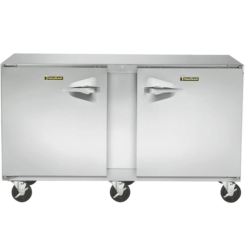 Traulsen UHT60-LR 60-inch two door stainless steel undercounter refrigerator on casters, front view