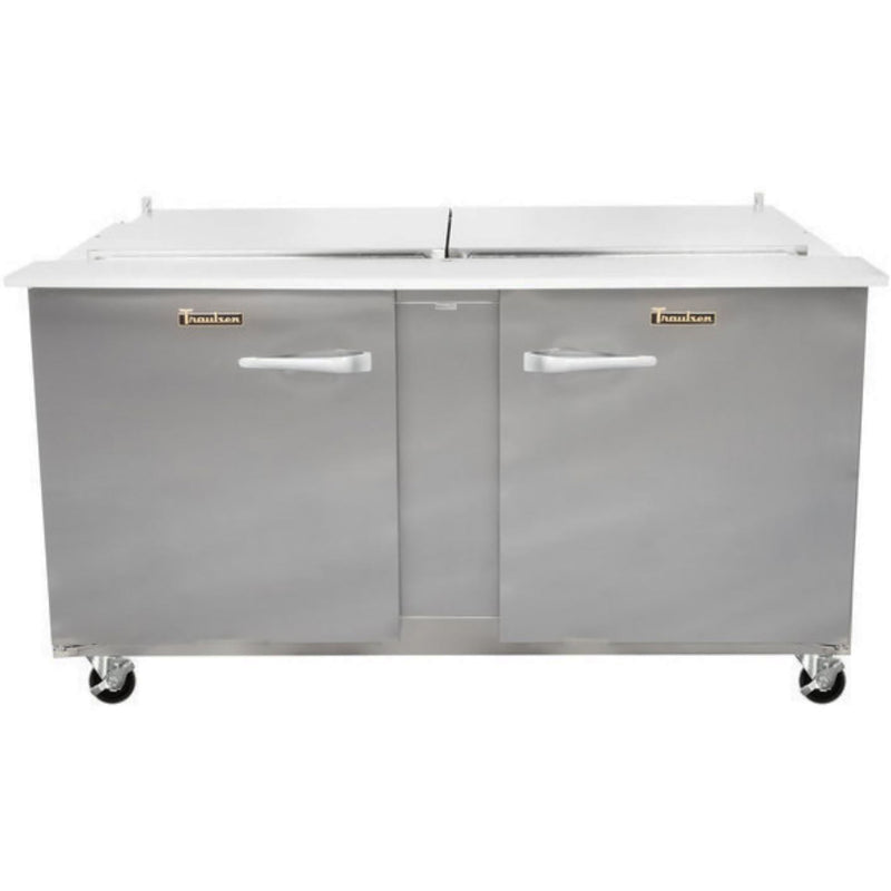 Traulsen UST6012-LR 60-inch two door stainless steel refrigerated sandwich prep table with lids closed, angled view