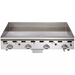 Vulcan 900RX series gas thermostatic griddle, stainless steel griddle plate with four control knobs, front view